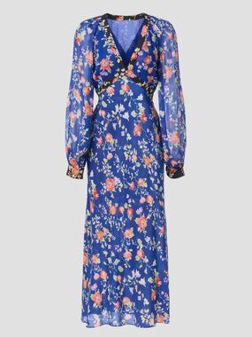 Rixo Ayla Midi Dress in Blue Floral Long Sleeve 8 Medium